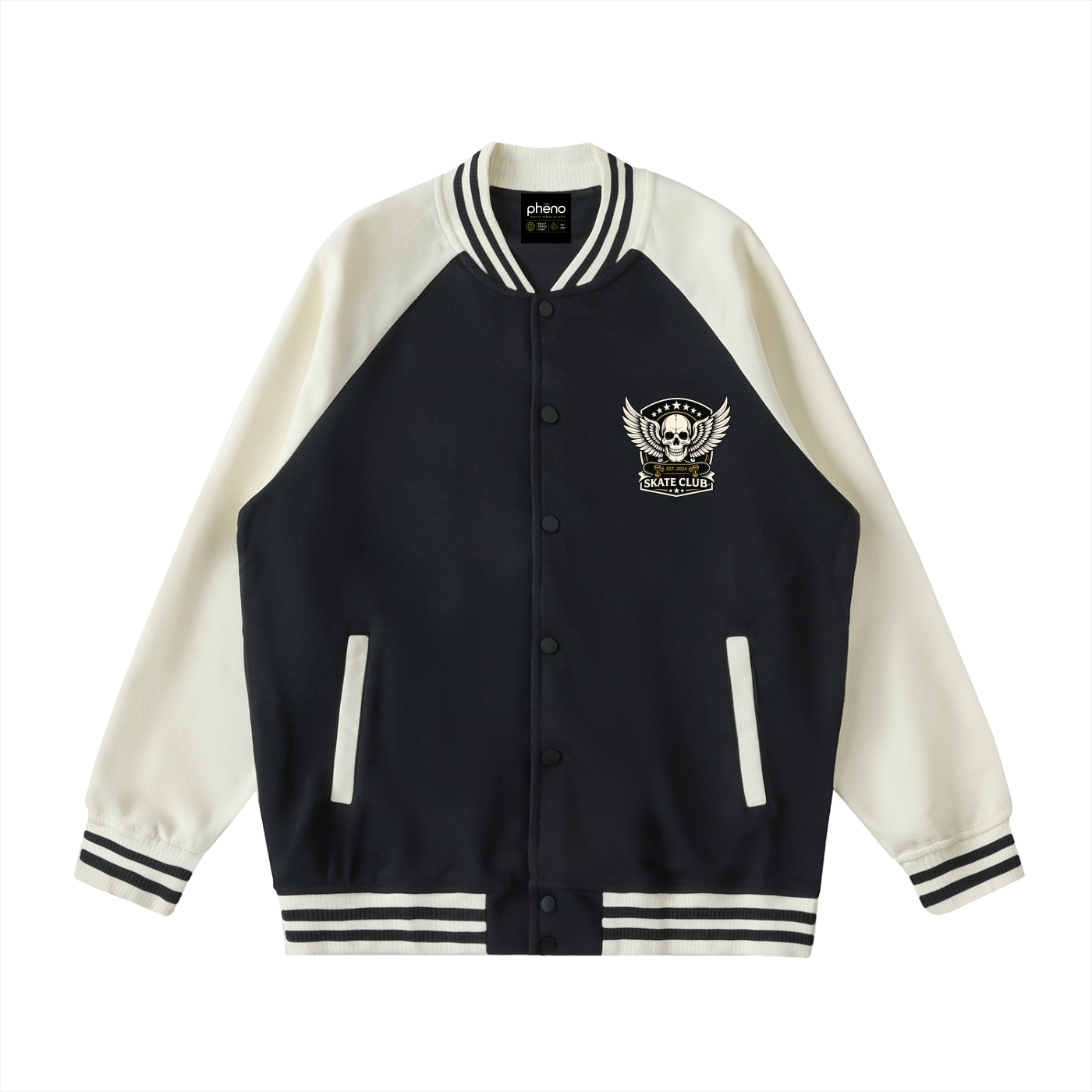 phēno Flying Skull Black on Apricot Raglan Sleeve Varsity Jacket