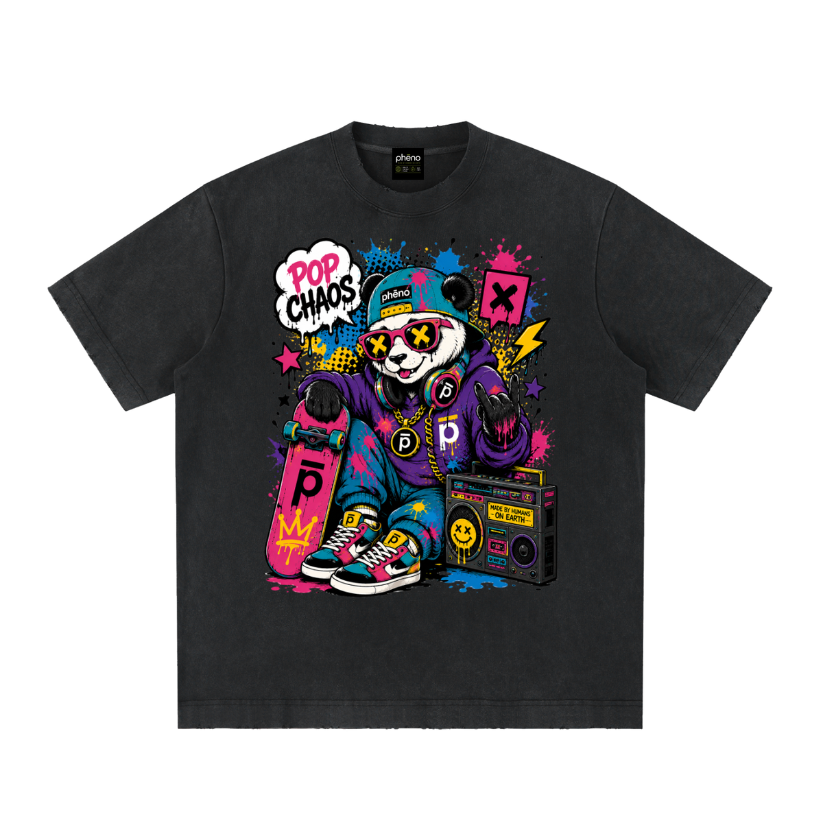 Pop Chaos Skate Bear Heavyweight Vintage Washed Frayed T-Shirt
