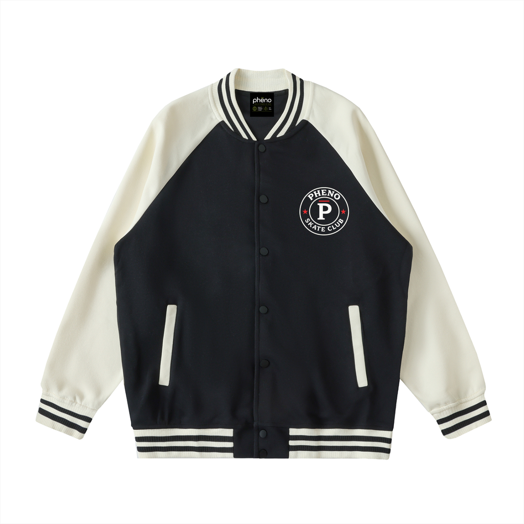 phēno Skate Club Two Black on Apricot Raglan Sleeve Varsity Jacket