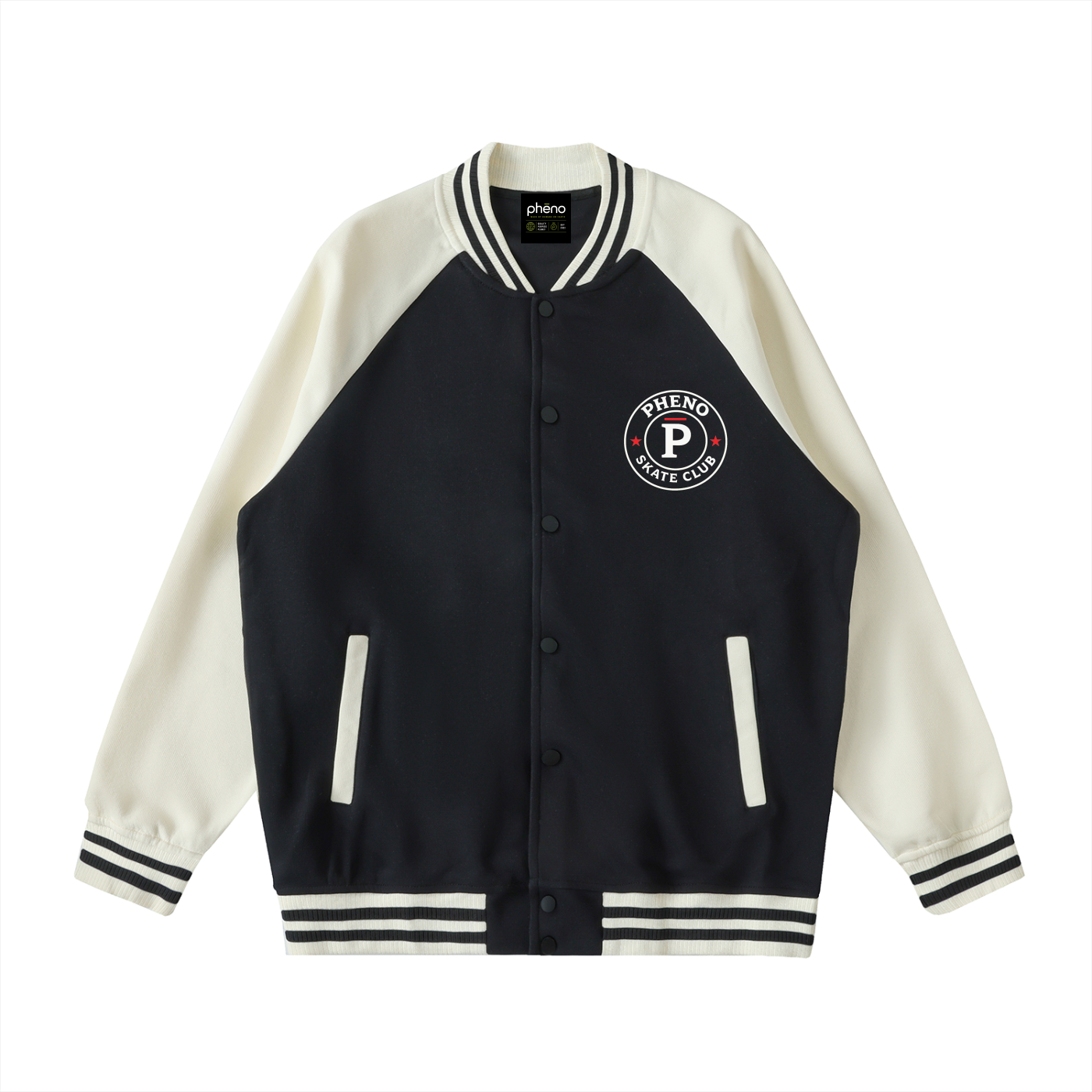 phēno Skate Club Two Black on Apricot Raglan Sleeve Varsity Jacket
