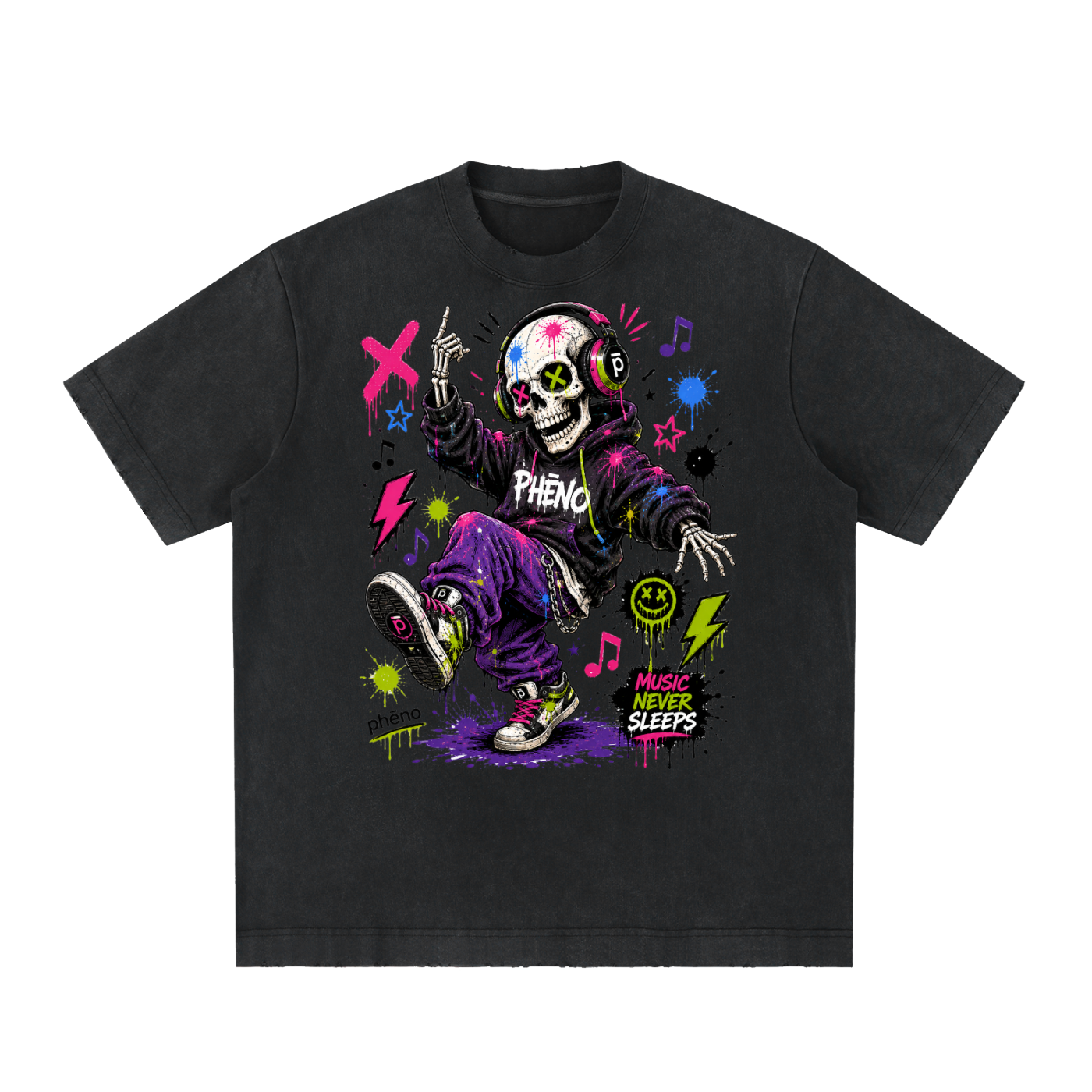 Pop Chaos Dancing Skeleton Heavyweight Vintage Washed Frayed T-Shirt