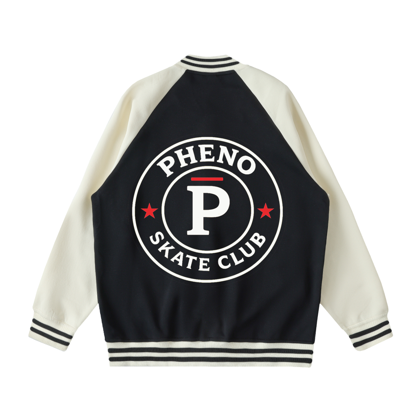 phēno Skate Club Two Black on Apricot Raglan Sleeve Varsity Jacket