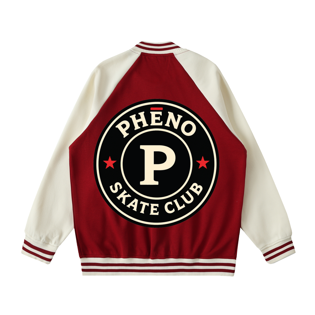 phēno Skate Club Two Garnet on Apricot Raglan Sleeve Varsity Jacket