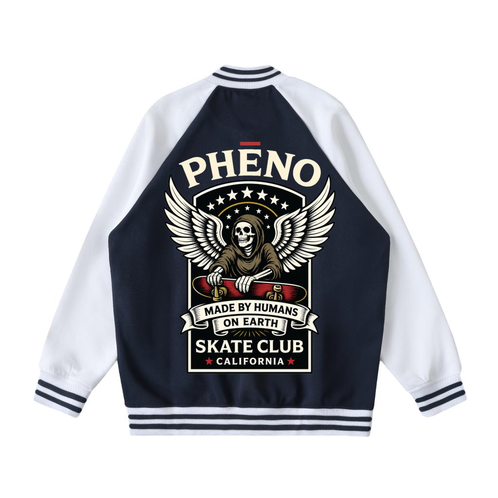 phēno Skate Club Wings of Life Navy on Apricot Raglan Sleeve Varsity Jacket