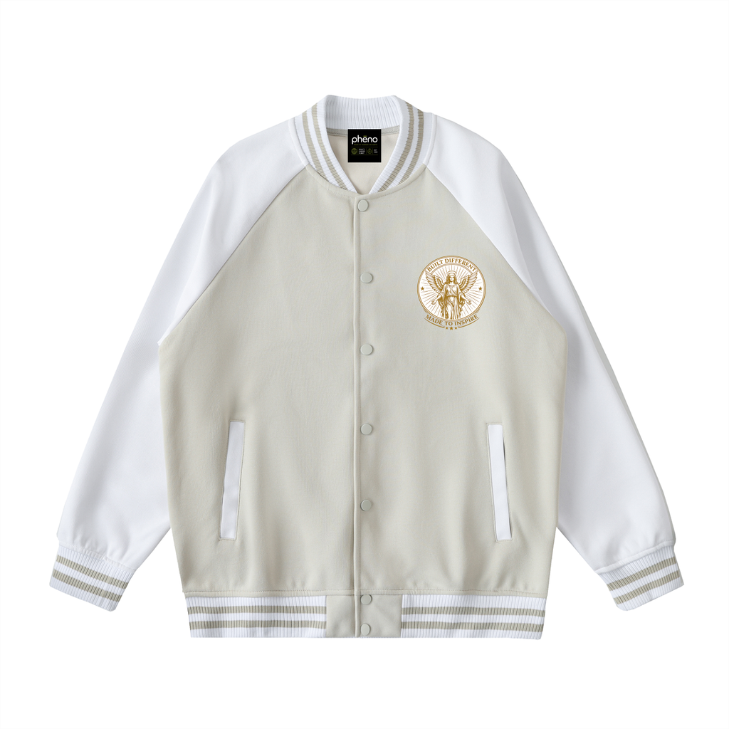 phēno Built Different Camel on White Raglan Sleeve Varsity Jacket