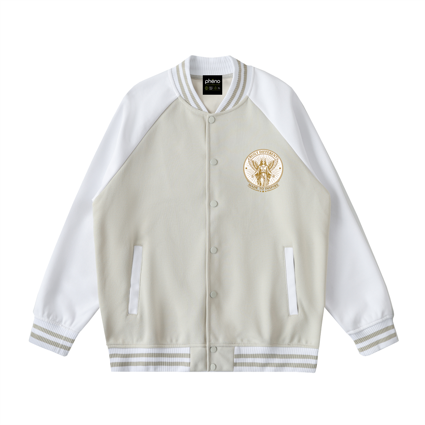 phēno Built Different Camel on White Raglan Sleeve Varsity Jacket
