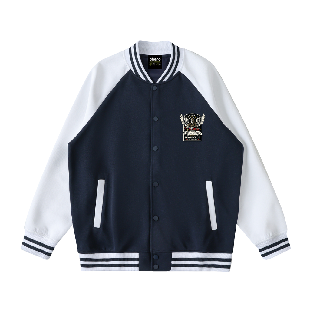 phēno Skate Club Wings of Life Navy on Apricot Raglan Sleeve Varsity Jacket