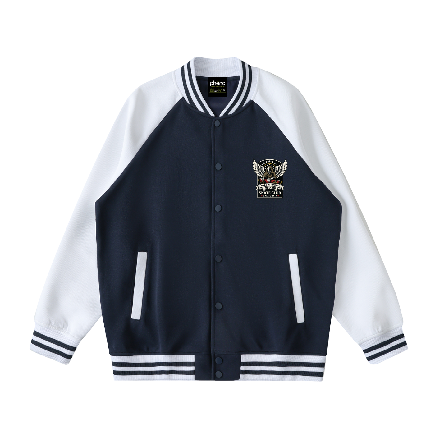 phēno Skate Club Wings of Life Navy on Apricot Raglan Sleeve Varsity Jacket