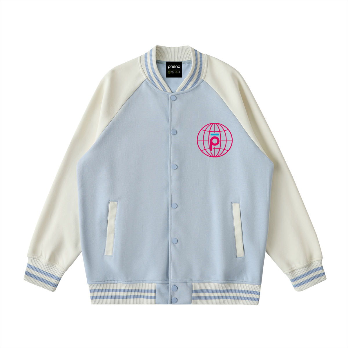 phēno Worldwide Graffiti Light Blue on Apricot Raglan Sleeve Varsity Jacket