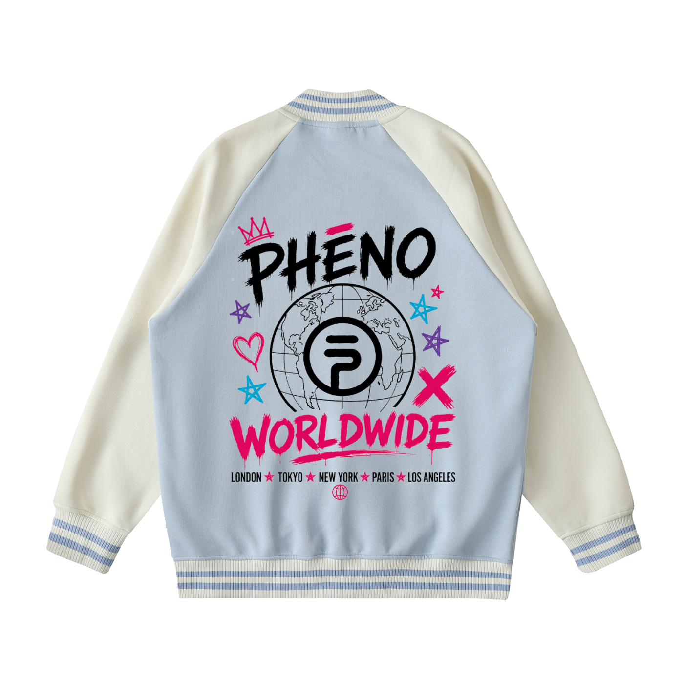 phēno Worldwide Graffiti Light Blue on Apricot Raglan Sleeve Varsity Jacket