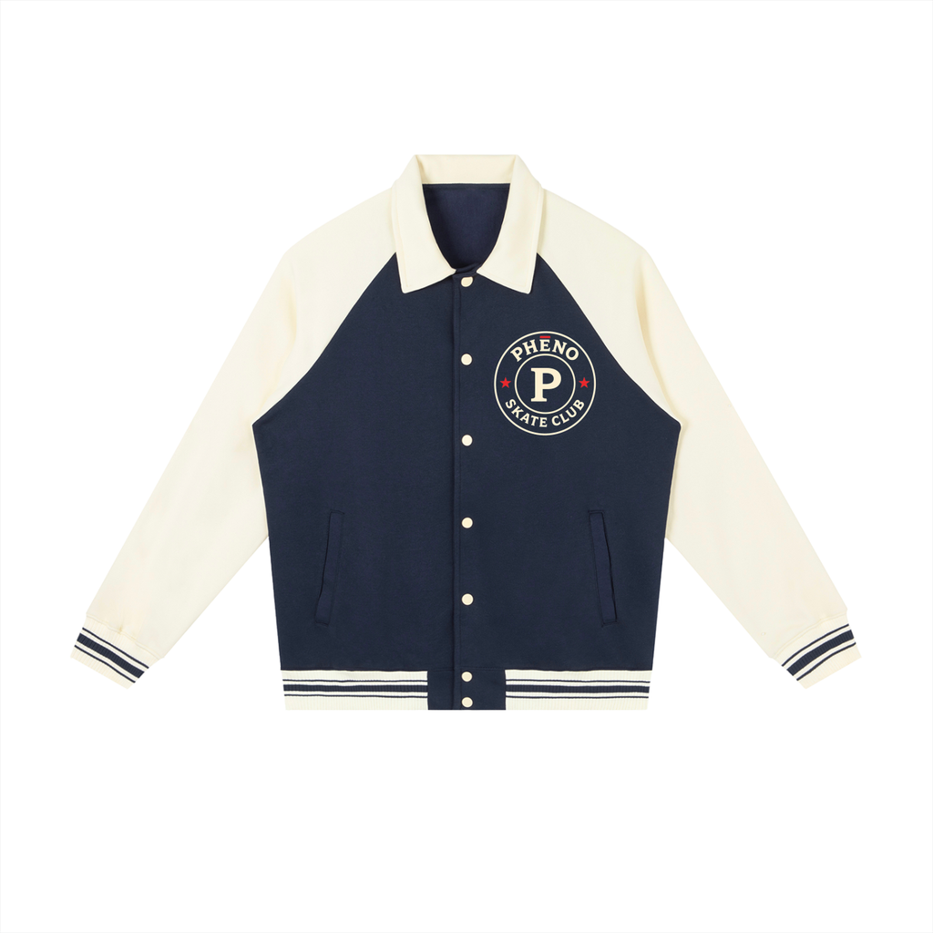 phēno Skate Club Navy on Apricot Contrast Raglan Sleeve Baseball Jacket