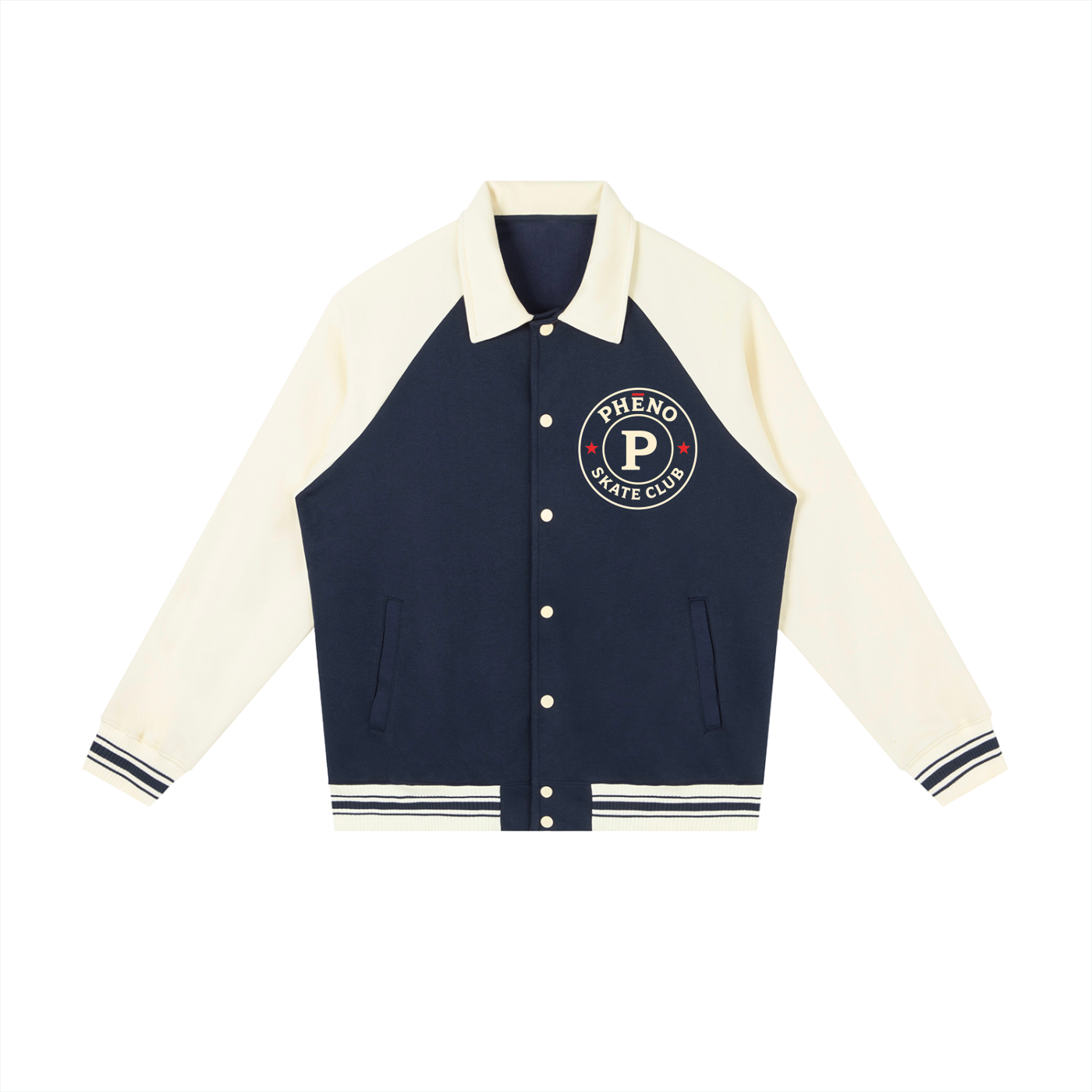 phēno Skate Club Navy on Apricot Contrast Raglan Sleeve Baseball Jacket