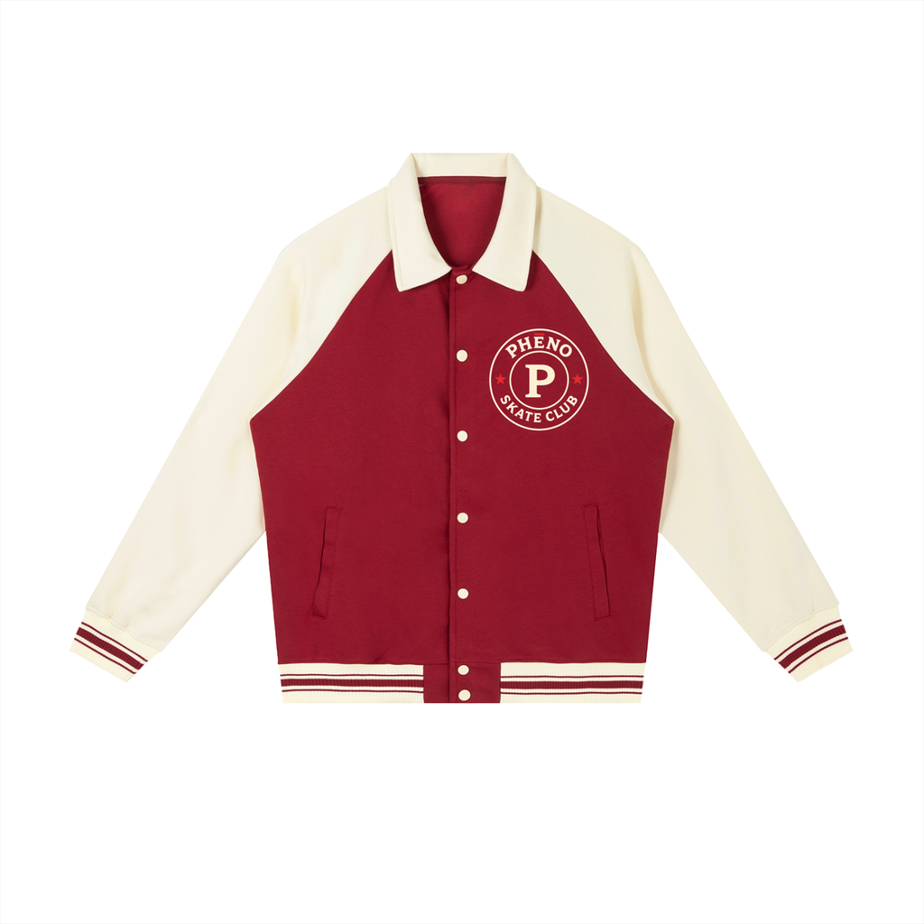 phēno Skate Club Garnet on Apricot Contrast Raglan Sleeve Baseball Jacket
