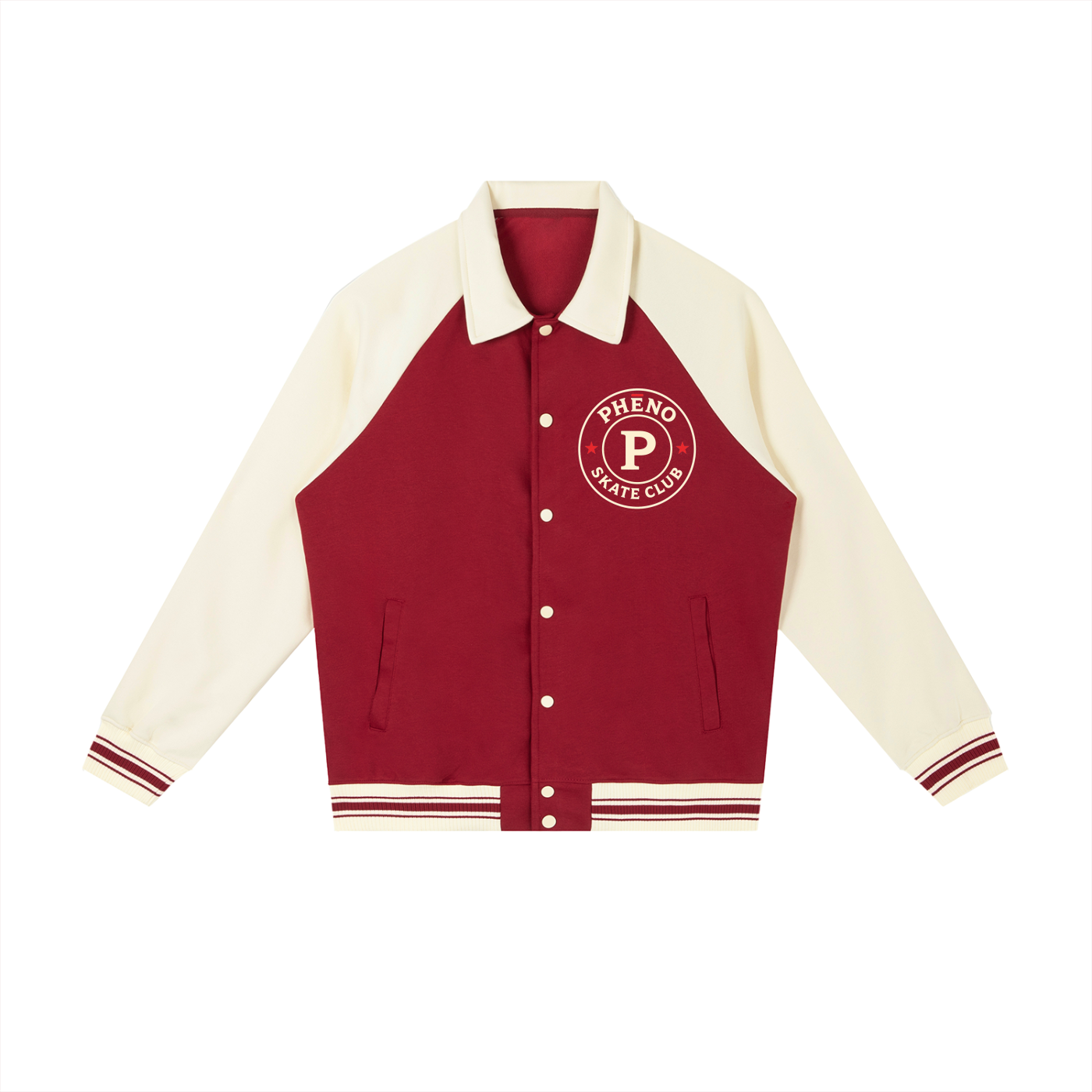 phēno Skate Club Garnet on Apricot Contrast Raglan Sleeve Baseball Jacket