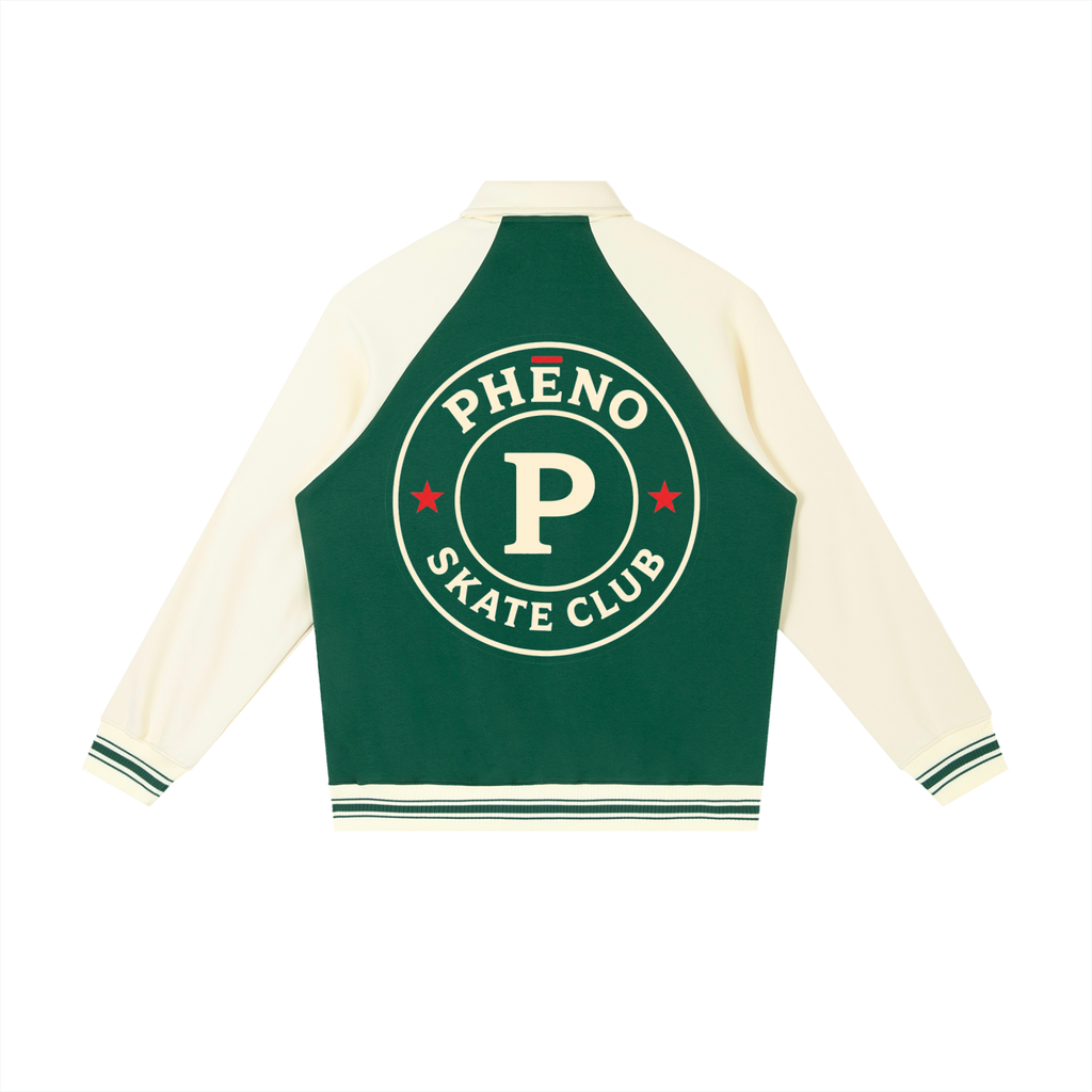 phēno Skate Club Green on Apricot Contrast Raglan Sleeve Baseball Jacket