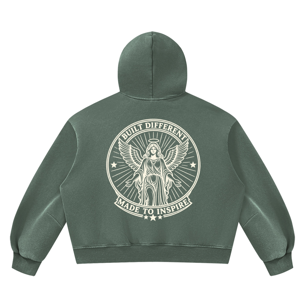 Built Different Made to Inspire Washed Green Unisex Vintage Wash Boxy Fleece Hoodie