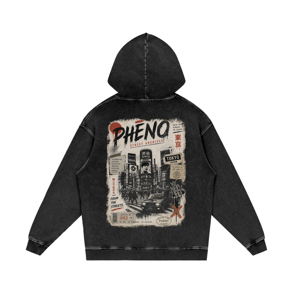phēno Street Archives Tokyo Snow Washed Loose Cotton Hoodie