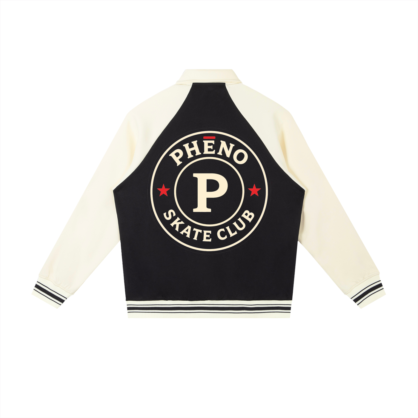 phēno Skate Club Black on Apricot Contrast Raglan Sleeve Baseball Jacket
