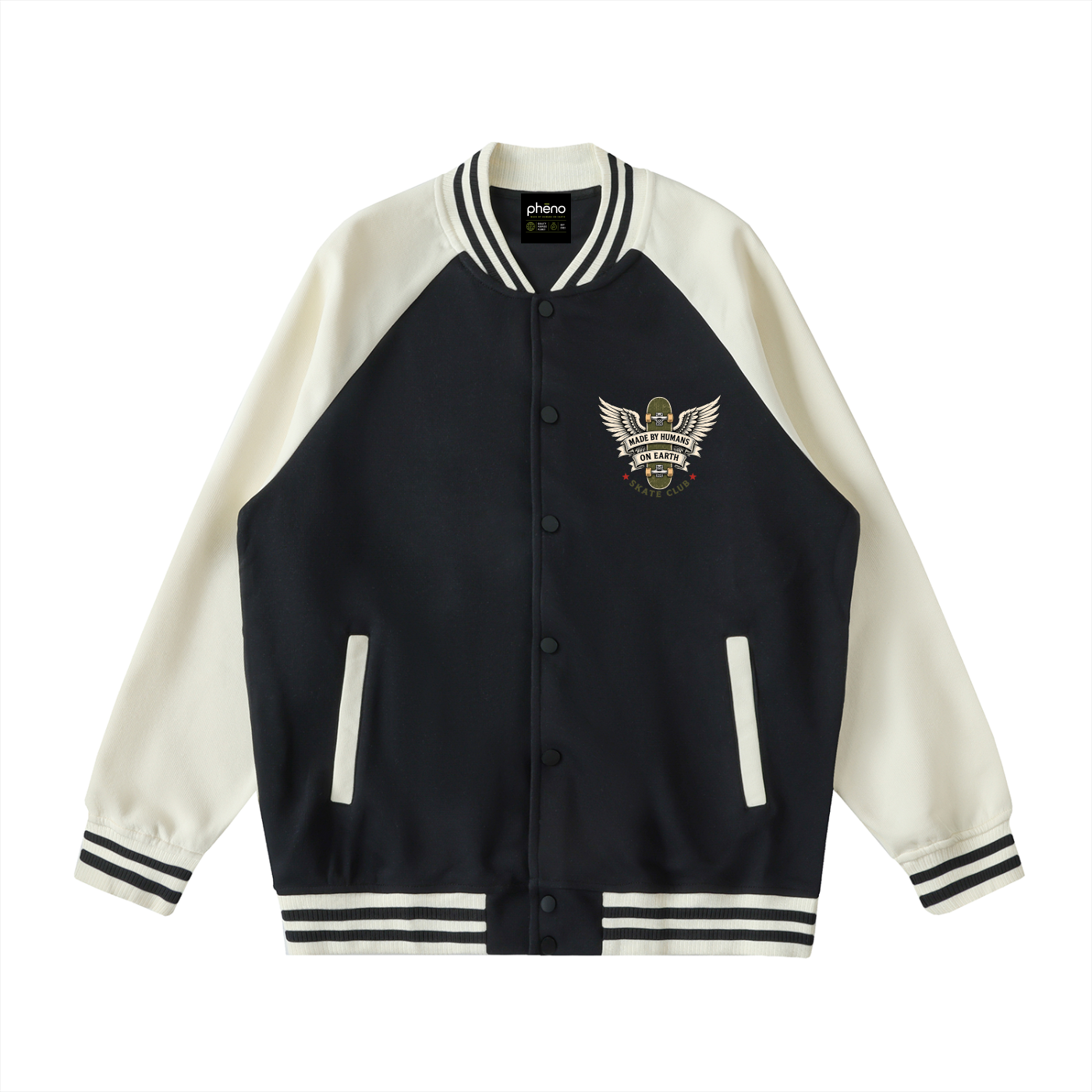 phēno Skate Club Winged Warrior Black on Apricot Raglan Sleeve Varsity Jacket
