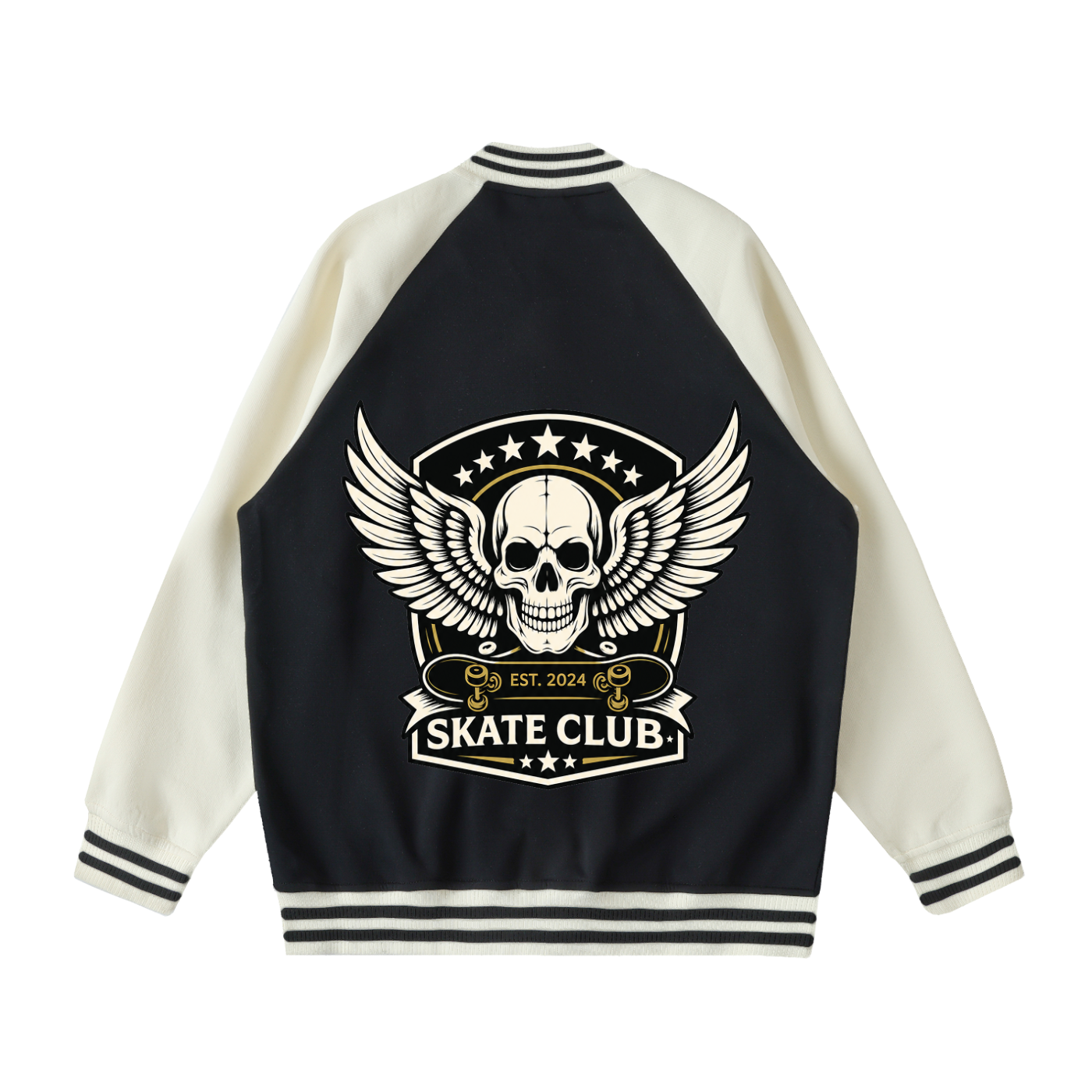 phēno Flying Skull Black on Apricot Raglan Sleeve Varsity Jacket