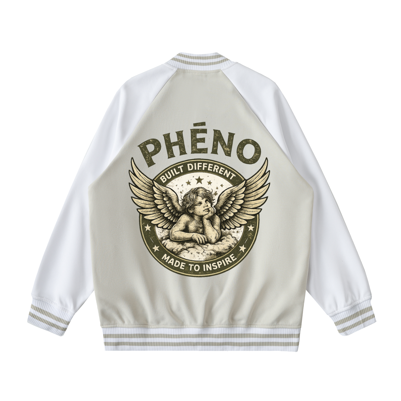 phēno Baby Angel Camel on Apricot Raglan Sleeve Varsity Jacket