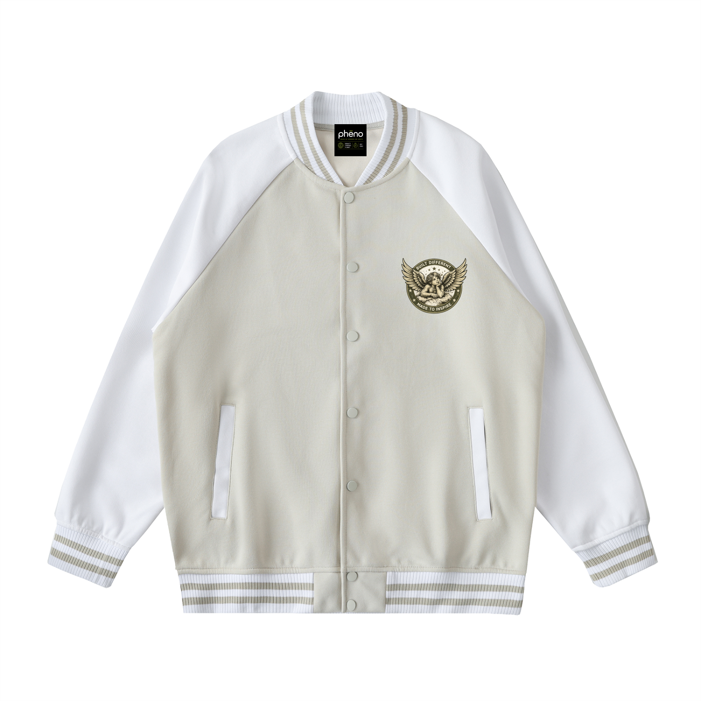 phēno Baby Angel Camel on Apricot Raglan Sleeve Varsity Jacket
