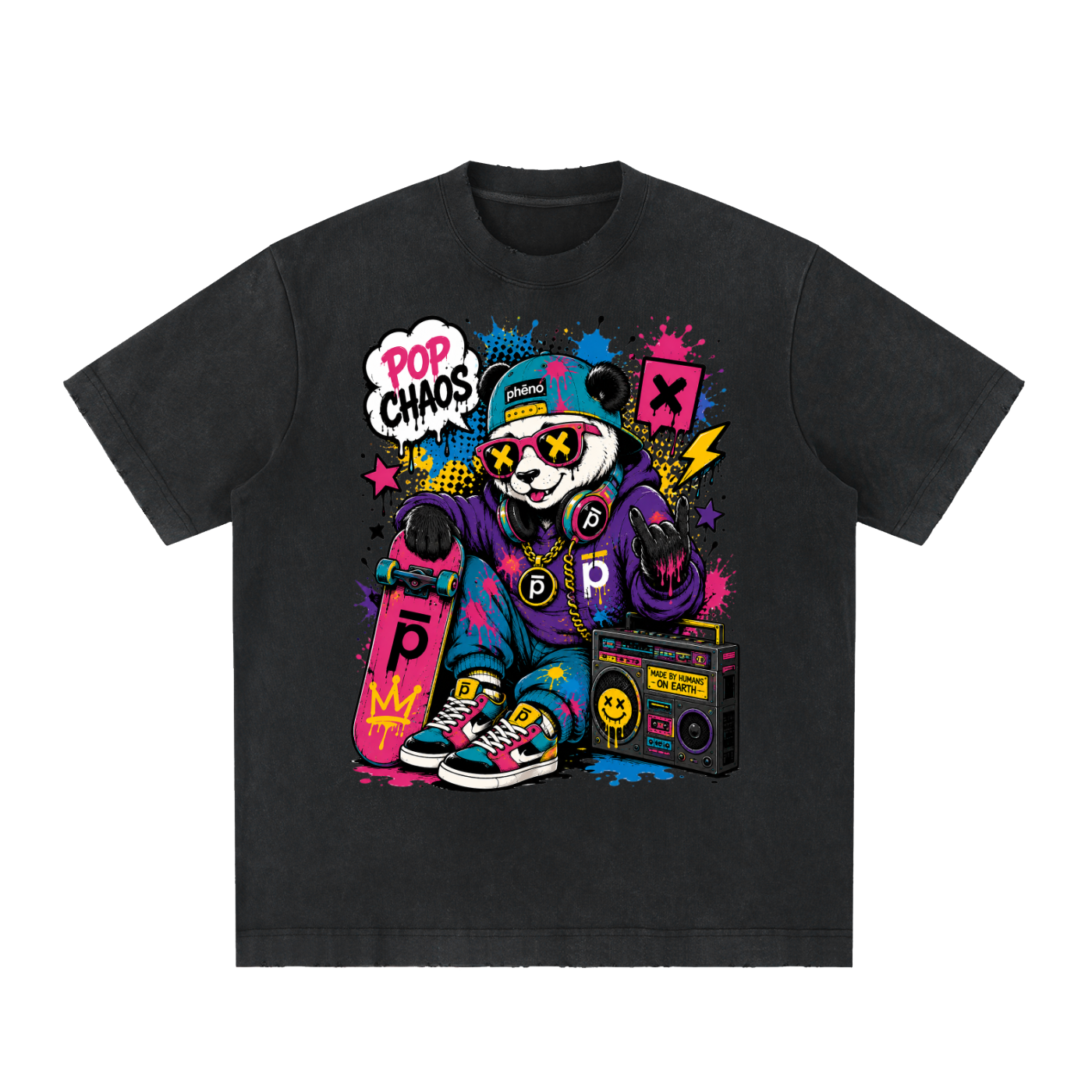 Pop Chaos Skate Bear Heavyweight Vintage Washed Frayed T-Shirt