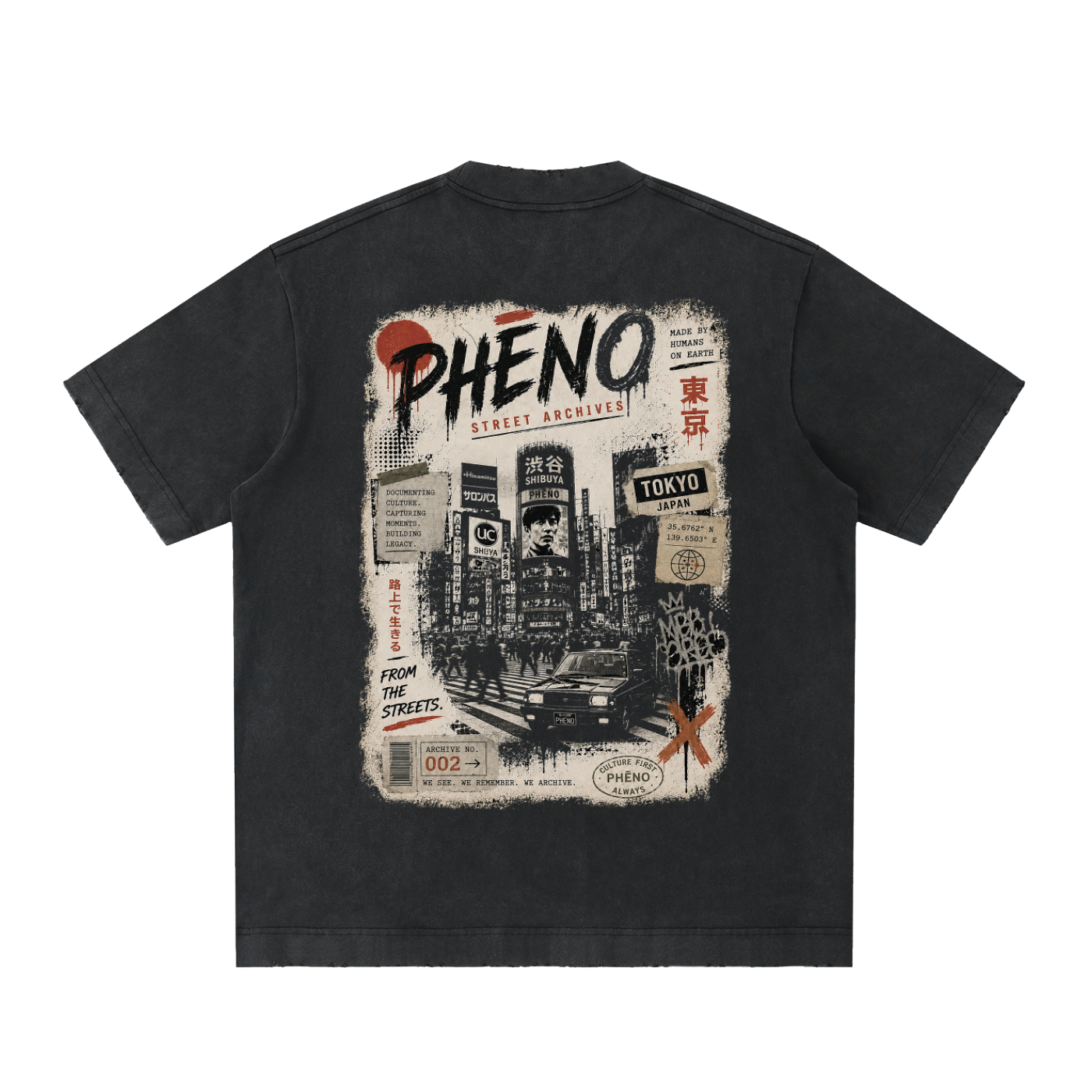 phēno Street Archives Tokyo Heavyweight Vintage Washed Frayed T-Shirt