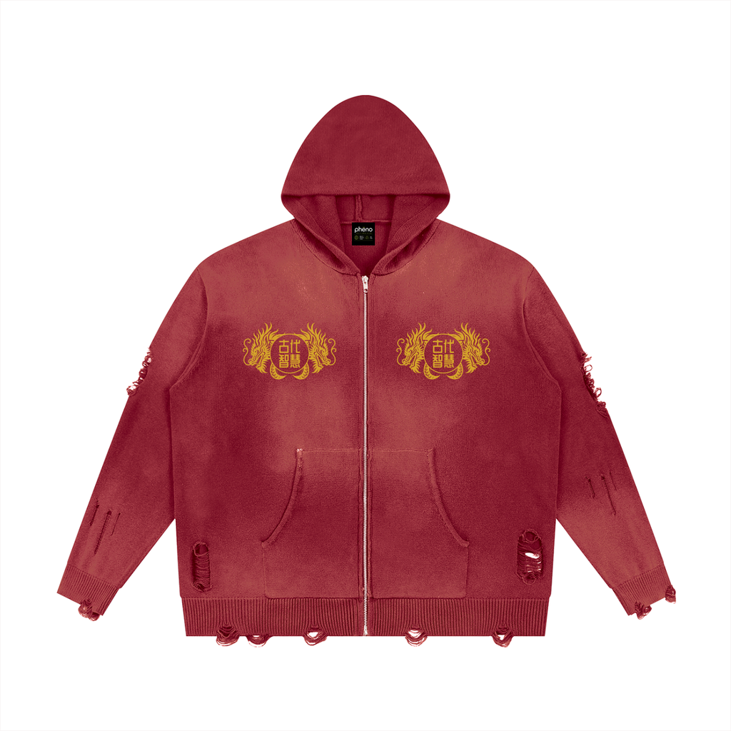 Dragon Royale Unisex Distressed Full Zip Sweater