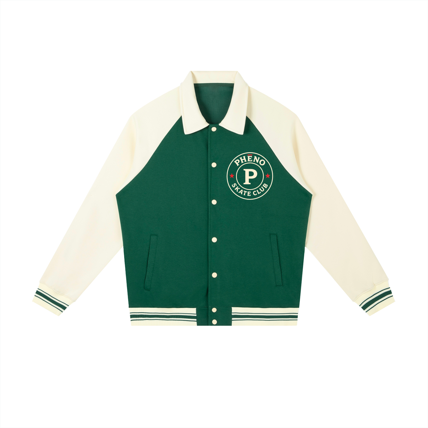 phēno Skate Club Green on Apricot Contrast Raglan Sleeve Baseball Jacket