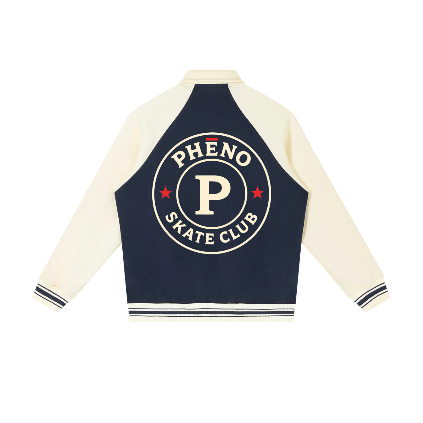 phēno Skate Club Navy on Apricot Contrast Raglan Sleeve Baseball Jacket