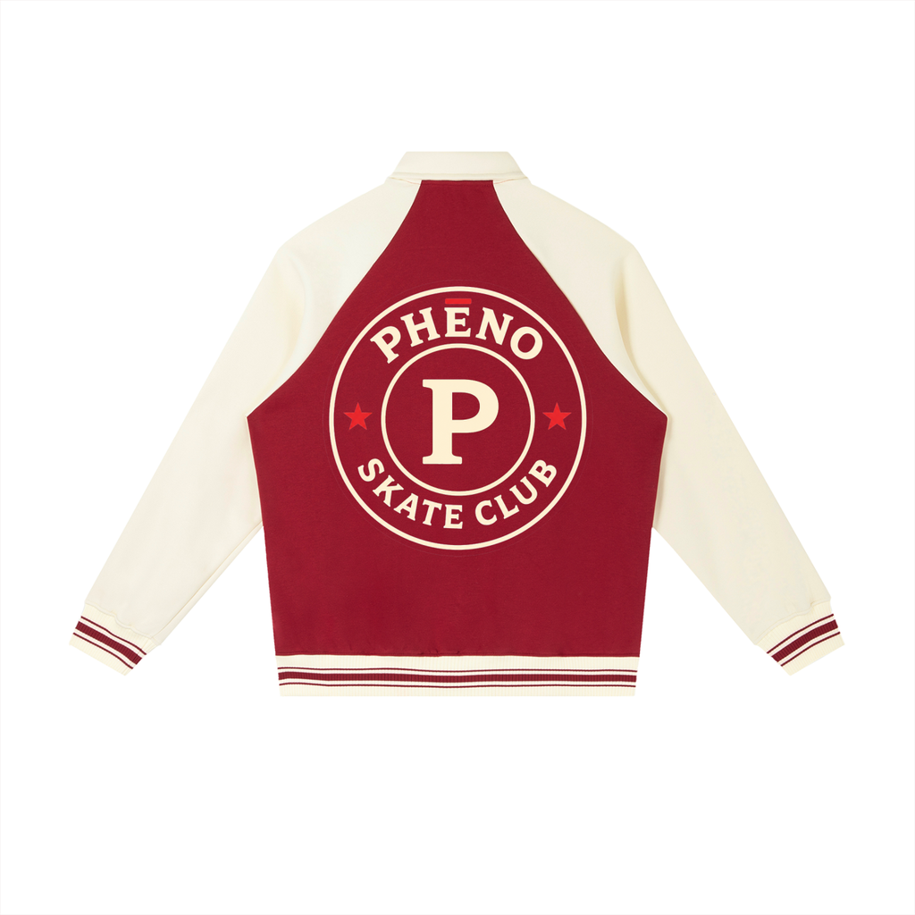 phēno Skate Club Garnet on Apricot Contrast Raglan Sleeve Baseball Jacket