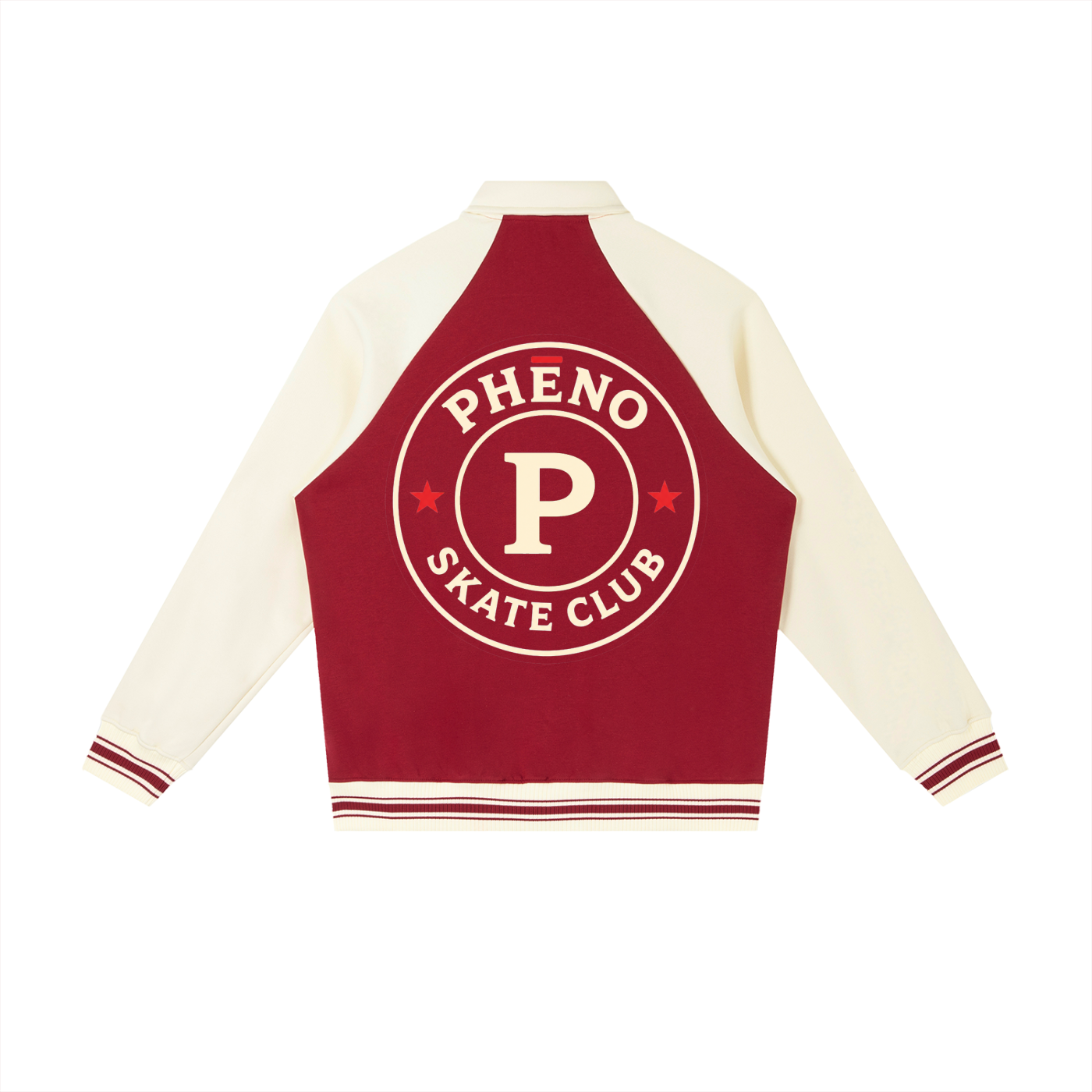 phēno Skate Club Garnet on Apricot Contrast Raglan Sleeve Baseball Jacket