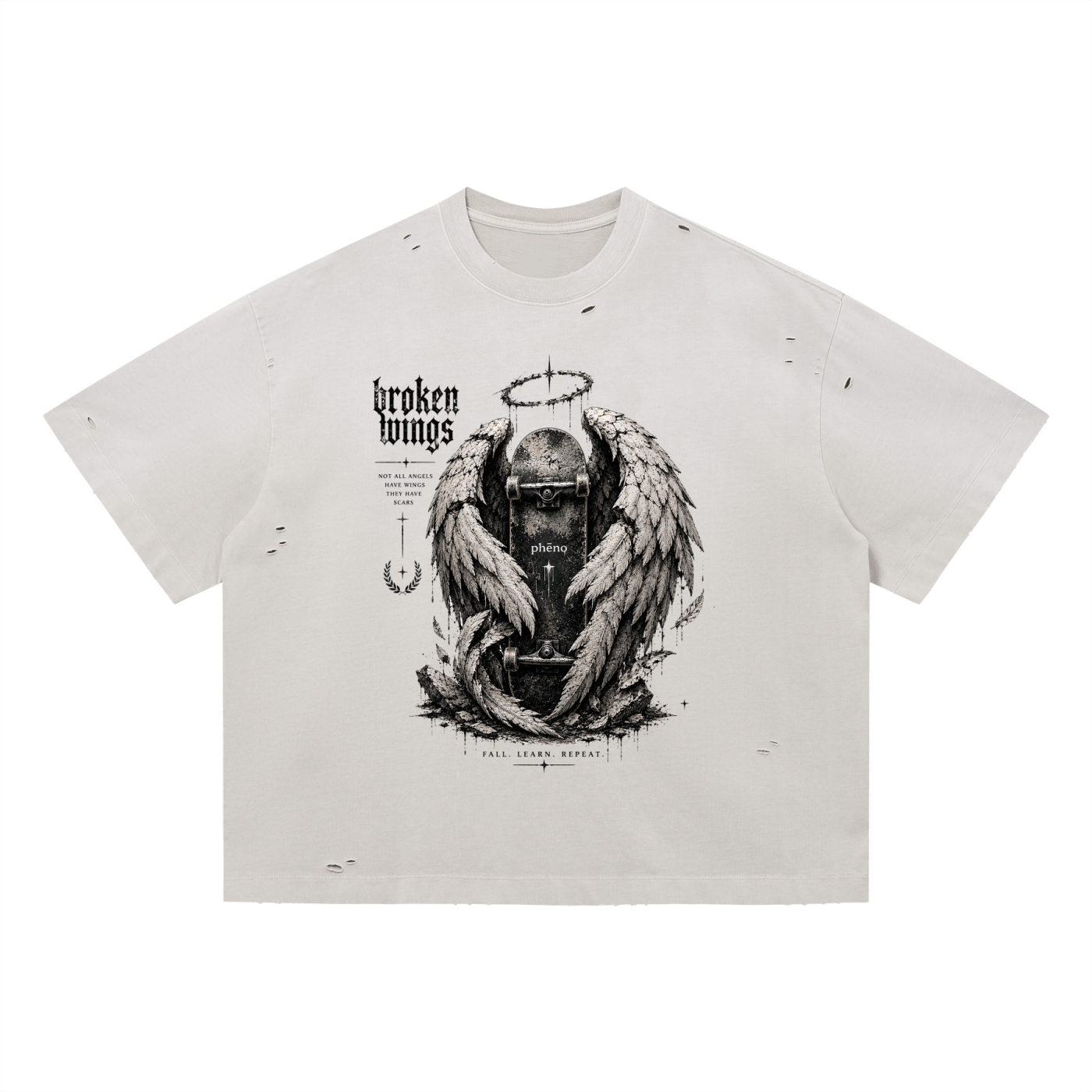 Broken Wings Vintage Washed Distressed Boxy Oversized T-Shirt