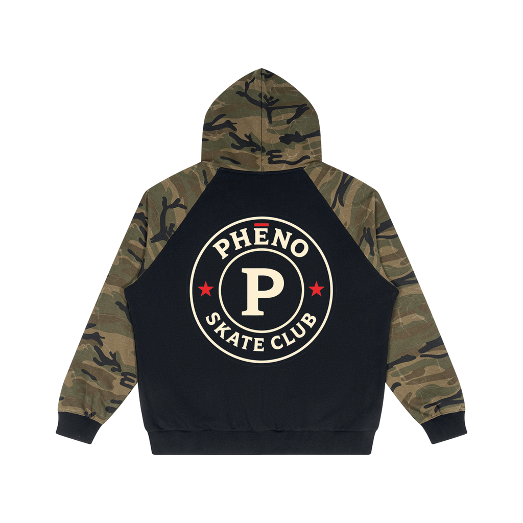 phēno Skate Club Unisex Camo-Splice Raglan Zip Hoodie