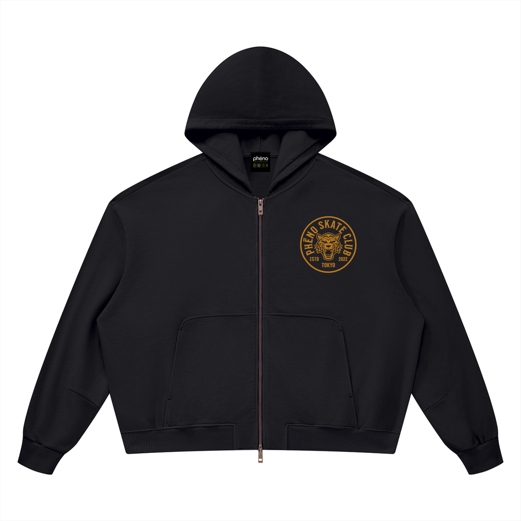 phēno Skate Club Tokyo Tiger Unisex Vintage Wash Boxy Full Zip Hoodie