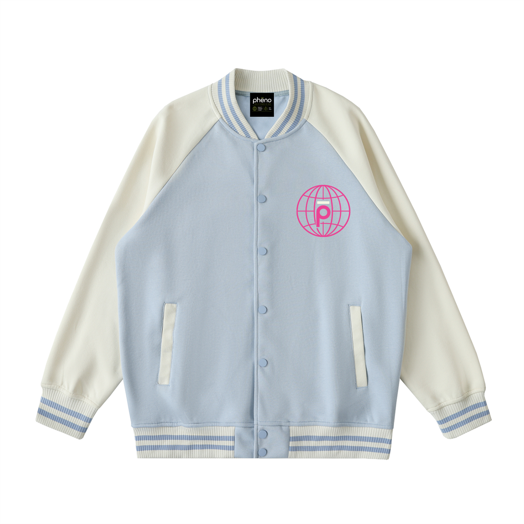 phēno Worldwide Graffiti Light Blue on Apricot Raglan Sleeve Varsity Jacket