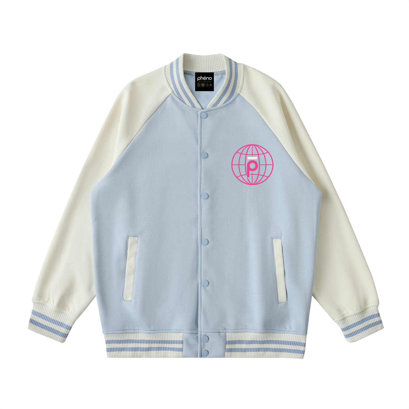 phēno Worldwide Graffiti Light Blue on Apricot Raglan Sleeve Varsity Jacket