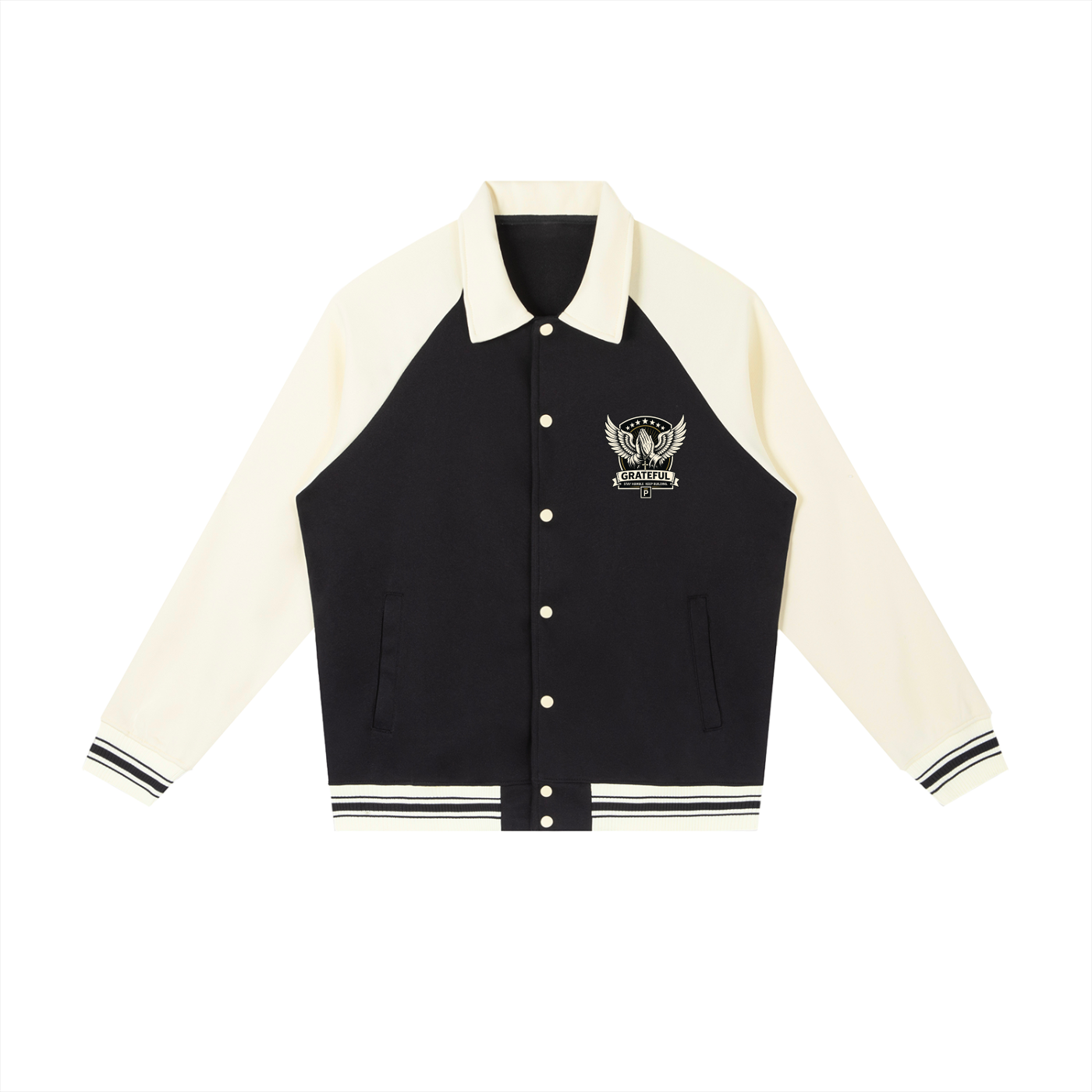 phēno Be Grateful Black on Apricot Contrast Raglan Sleeve Baseball Jacket