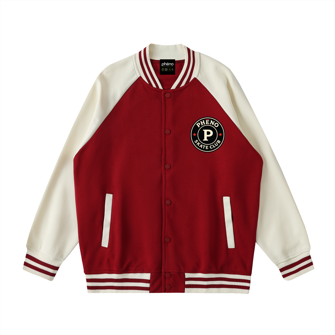 phēno Skate Club Two Garnet on Apricot Raglan Sleeve Varsity Jacket