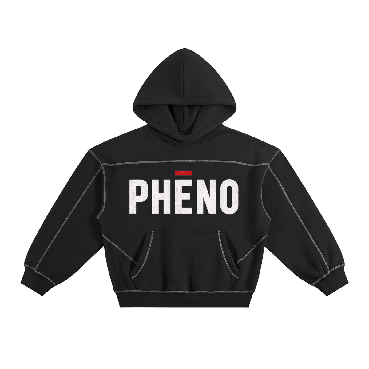 phēno Distressed Logo Contrast-Stitched Boxy Fleece Hoodie
