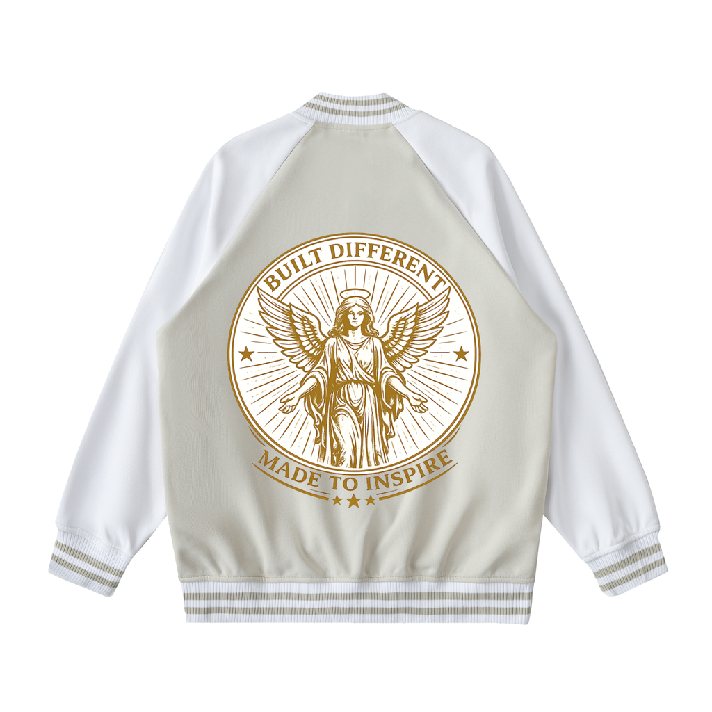 phēno Built Different Camel on White Raglan Sleeve Varsity Jacket