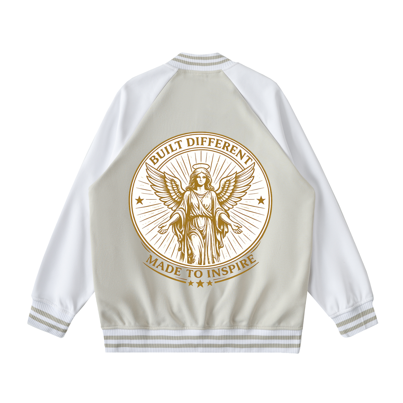 phēno Built Different Camel on White Raglan Sleeve Varsity Jacket