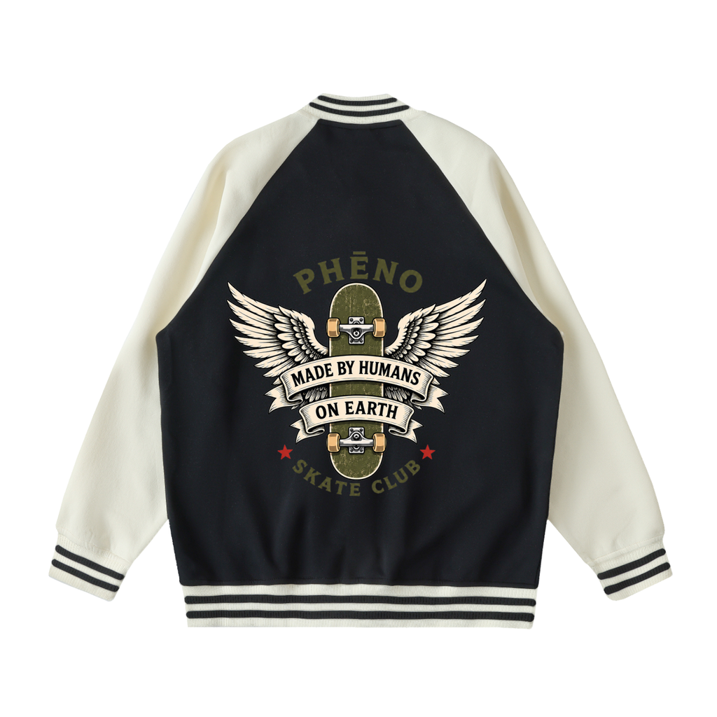 phēno Skate Club Winged Warrior Black on Apricot Raglan Sleeve Varsity Jacket