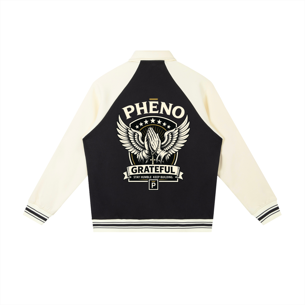 phēno Be Grateful Black on Apricot Contrast Raglan Sleeve Baseball Jacket